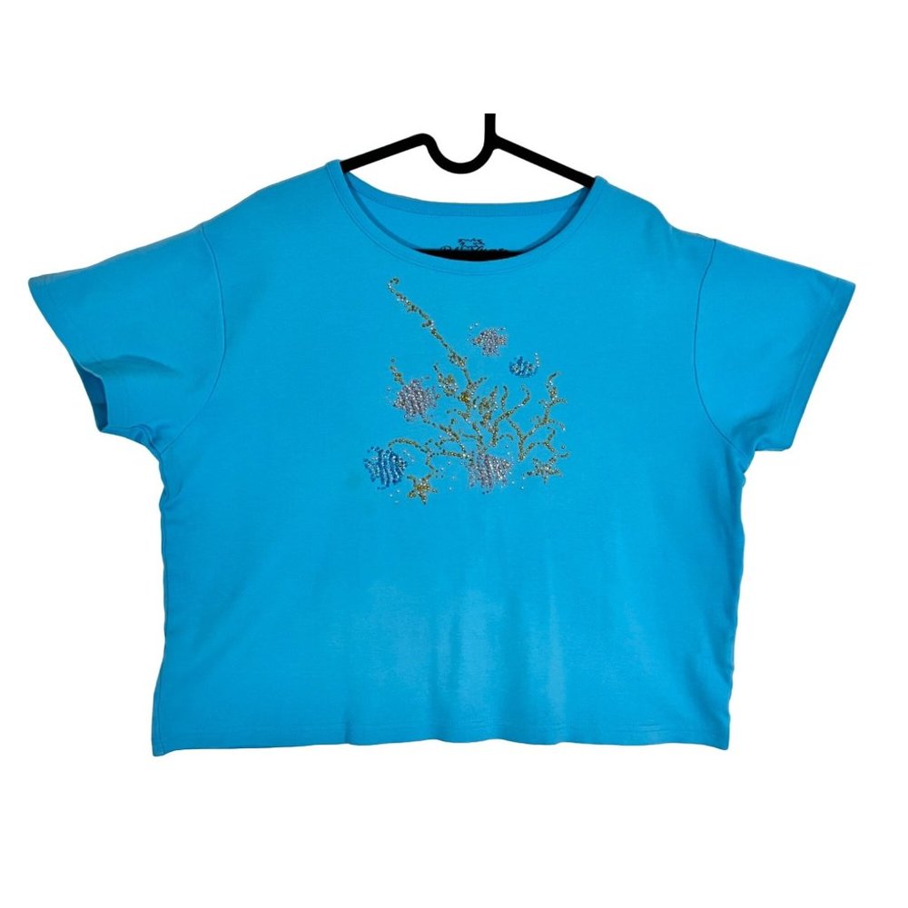 Palm Grove Large Ocean Blue Short Sleeve Rhinestone Embellished Fish & coral top